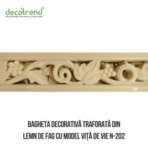 Bagheta decorativă traforată din lemn de fag cu model viță de vie