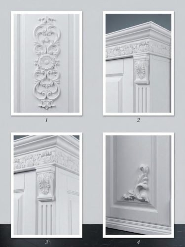Detaliu apropiat ornamente lemn sculptat pe ușă dulap - Decotrend